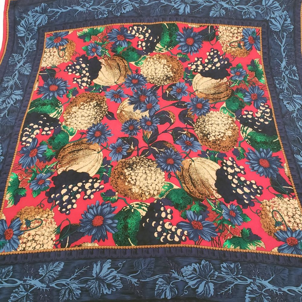 Vintage ADRIENNE VITTADINI Silk Scarf-34x34-Flower-Cantaloupe-Grape-Dark Colors